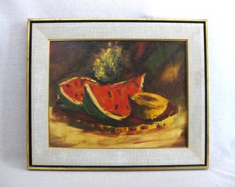 Mid-Century Fruit Still Life Painting, Original Watermelon Framed Wall Art in Classic Period Frame