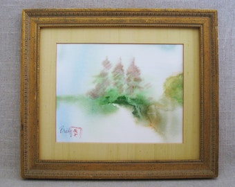 Vintage Landscape Watercolor Painting Shoreline Nature Original Fine Art Framed, Wall Décor