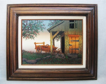 Rustic Barn Landscape Painting, H Hargrove Architecture, Vintage Rural Scenery Framed Original Fine Art