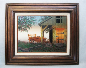 Vintage Barn Landscape Painting Signed H Hargrove, Rural Scenery Framed Original Fine Art