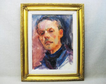 Colorful Male Portrait Painting Original Vintage Framed Wall Art Masculine Home Décor