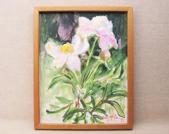 Pink Peony Floral Still Life Painting, Framed Original Wall Art, Vintage Cottage and Garden Theme Décor