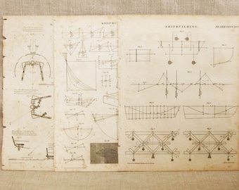 Antique Book Plate Engravings, Ship Building Mechanical Illustration, Navy, Nautical Vintage Ephemera