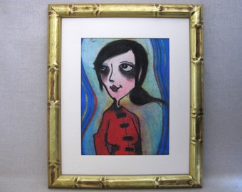 Vintage Female Portrait Drawing Framed oil Pastel Original Framed Fine Art Wall Décor