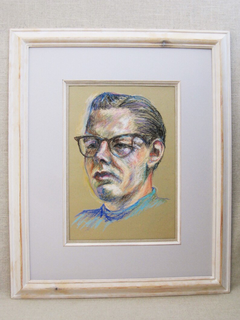 Vintage Male Portrait Drawing Pastel Framed Original Fine Etsy