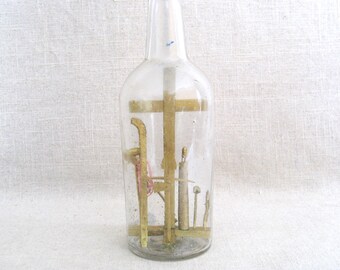 Outsider Folk Art Bottle Whimsey Religious Sculpture, Arma Christi Wood Carving Antique Outsider Tramp Cross