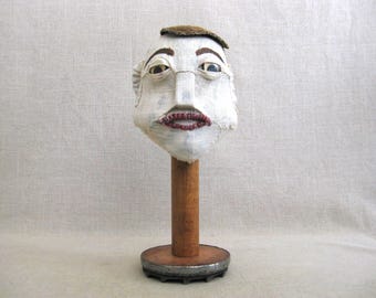 Male Portrait Bust Folk Art Sculpture Embroidered Fiber Textile Arts Hand Sewn Rustic Primitive Housewarming Gift