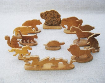 Folk Art Miniature Wooden Animal Toys, Vintage Rustic Cabin and Nursery Décor