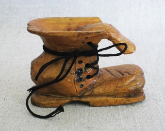 Vintage Wooden Shoe, Folk Art Carving, Boot Sculpture, Miniature Shoe, Primitive Rustic Decor