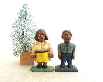 Folk Art Figure Wood Carving Sculptures, Couple Pair, Hand Carved People, Male and Female, Rustic Cabin Décor