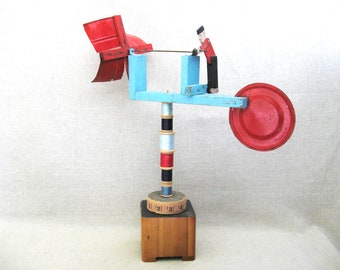 Folk Art Whirligig Sculpture, Male Figure, Portrait Primitive Red White Blue Assemblage, Americana Gift