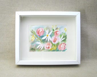Pink Flower Painting, Watercolor Floral Still Life Original, Framed Wall Art Vintage Modern Cottage Housewarming Gift