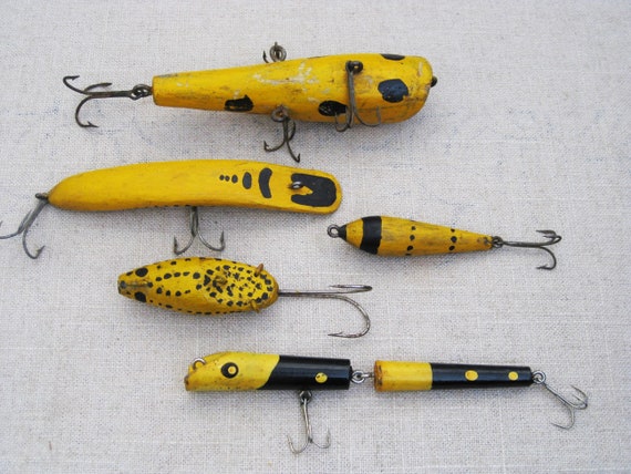 Vintage Folk Art Fishing Lures Carved Wood Sculpture Collection Rustic  Cabin and Lodge Décor