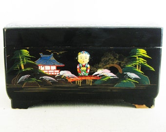 Asian Vintage Jewelry Box Black Lacquer Storage and Organization, Chinoiserie Décor