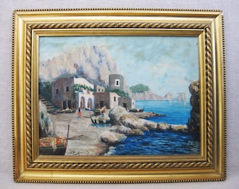 Vintage Coastal Mountain Scene Landscape Painting, Ocean Beach Front Framed Original Fine Art