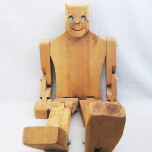 Folk Art Vintage Wooden Jointed Doll Sculpture, Male Figure Child Size Contemporary Don Ellefson