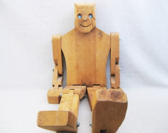 Folk Art Vintage Wooden Jointed Doll Sculpture, Male Figure Child Size Contemporary Don Ellefson