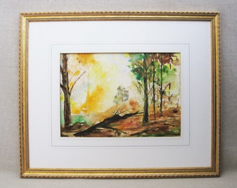 Fall Woodland Vintage Landscape Watercolor Painting Framed Original Fine Art for Rustic an Farm Décor