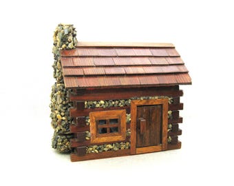 Vintage Folk Art Jewelry Box, Cabin Shaped Secret Hideaway Box, Rustic Cabin Décor