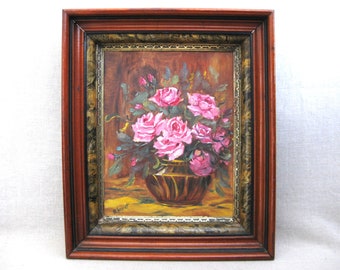 Vintage Flower Floral Still Life Painting of Pink Roses Framed Original Fine Art in Gold Carved Wooden Frame