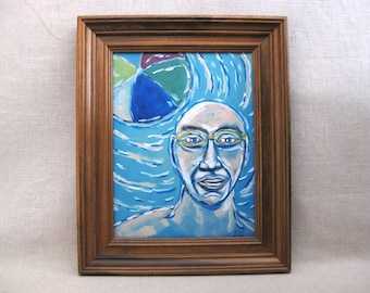 Swimming Pool Male Portrait Painting, Athlete Swimmer, Original Framed Wall Art