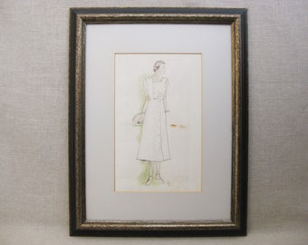 Female Portrait Fashion Drawing, Original Framed Illustration, Feminine Wall Art