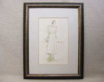 Vintage Female Portrait Fashion Illustration Framed Original Drawings of Women