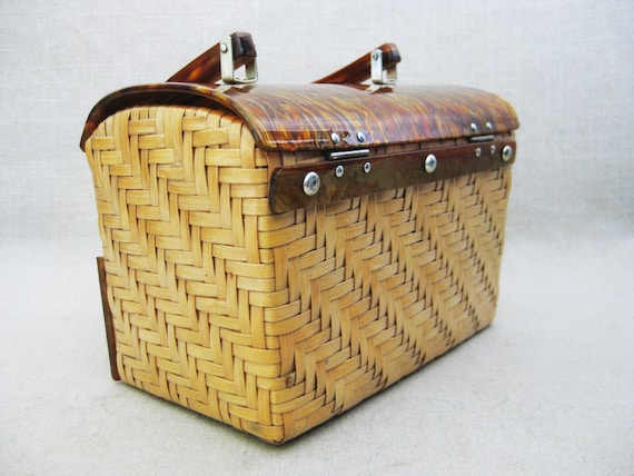 Vintage Lucite and Rattan Handbag Small Basket Pu… - image 3