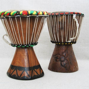 Bongo Drums, Vintage Wood and Hide Tribal Percussion Instruments Musical Gifts