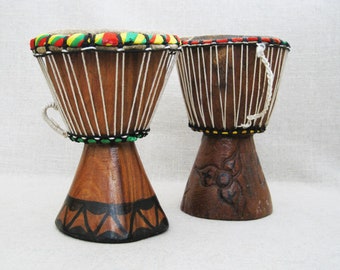 Bongo Drums, Vintage Wood and Hide Tribal Percussion Instruments Musical Gifts