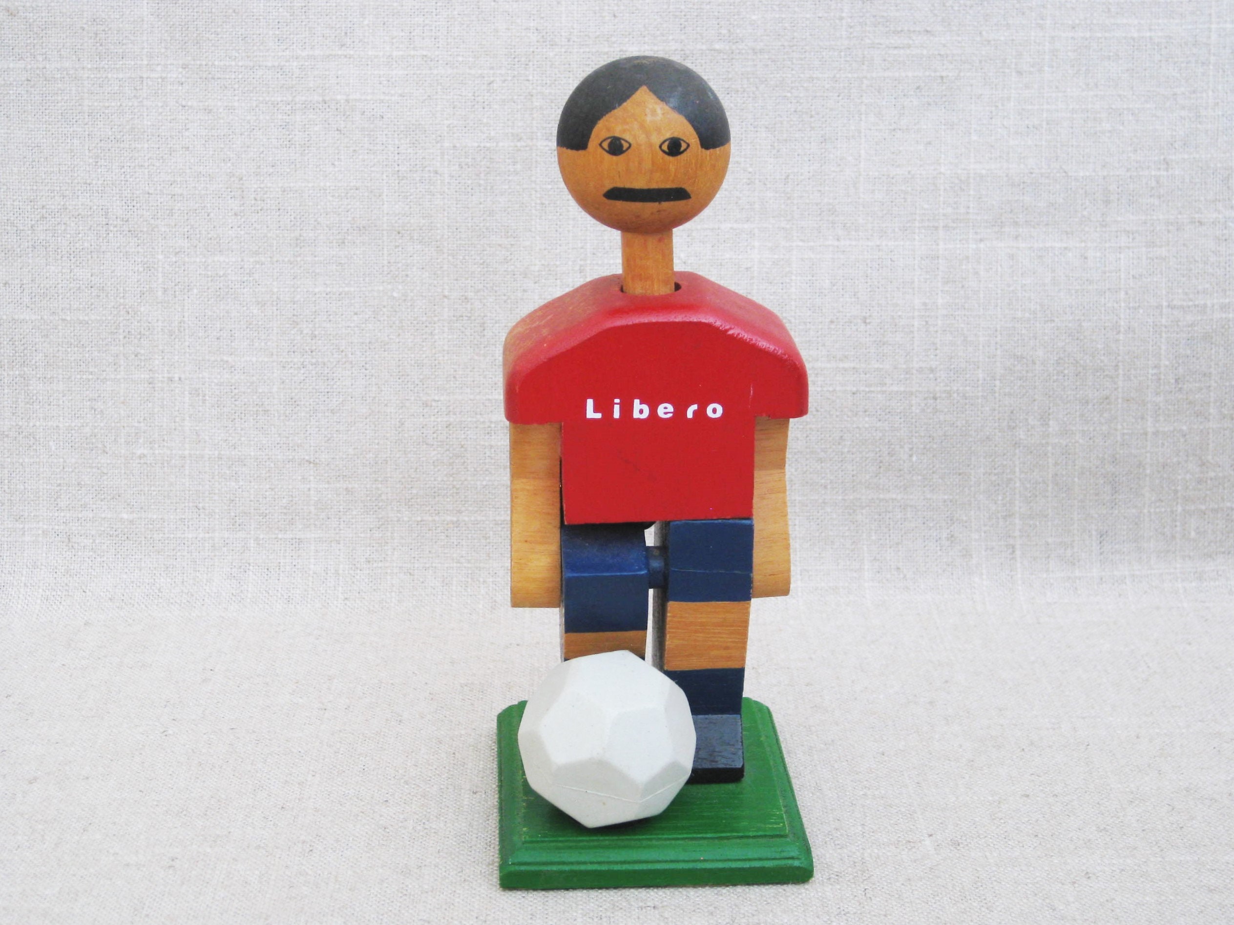 Vintage Soccer Player Toy, Wooden Male Portrait Figure, Mechanical