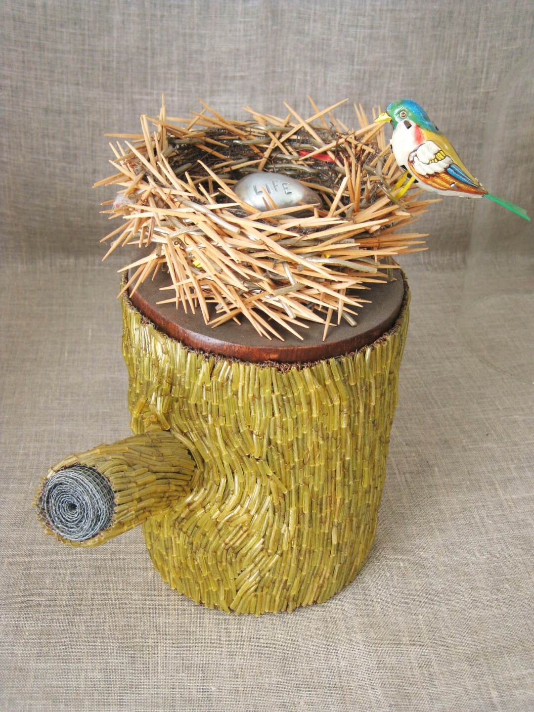 Folk Art Bird Nest Sculpture Found Object Assemblage Recycled Materials