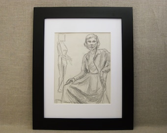 Mid-Century Female Portrait Drawing, Original Pencil on Paper, Vintage Framed Wall Art Hilda Wilson Chicago Artist