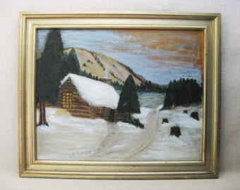 Vintage Winter Landscape Painting of Mountain Cabin Rustic Naïve Framed Original Fine Art