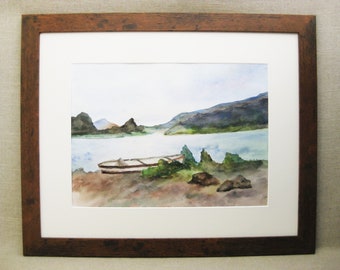 Mountain Lakeside Landscape Painting, Original Wilderness Watercolor, Framed Vintage Wall Art, Rustic Cabin Home Décor