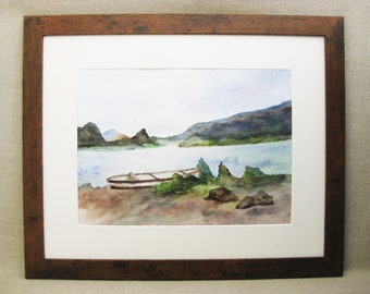 Mountain Landscape Vintage Watercolor Painting Lakeside Canoe Wilderness Shoreline, Lakehouse Rustic Cabin Décor