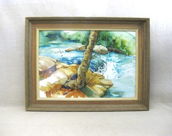 Vintage Woodland Landscape Painting, Original Watercolor Framed Riverside Rustic Cabin Wall Art