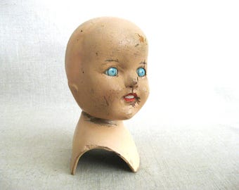 Vintage Composite Doll Head with Shoulder Yoke, Blue Eye Child, Parts and Supplies