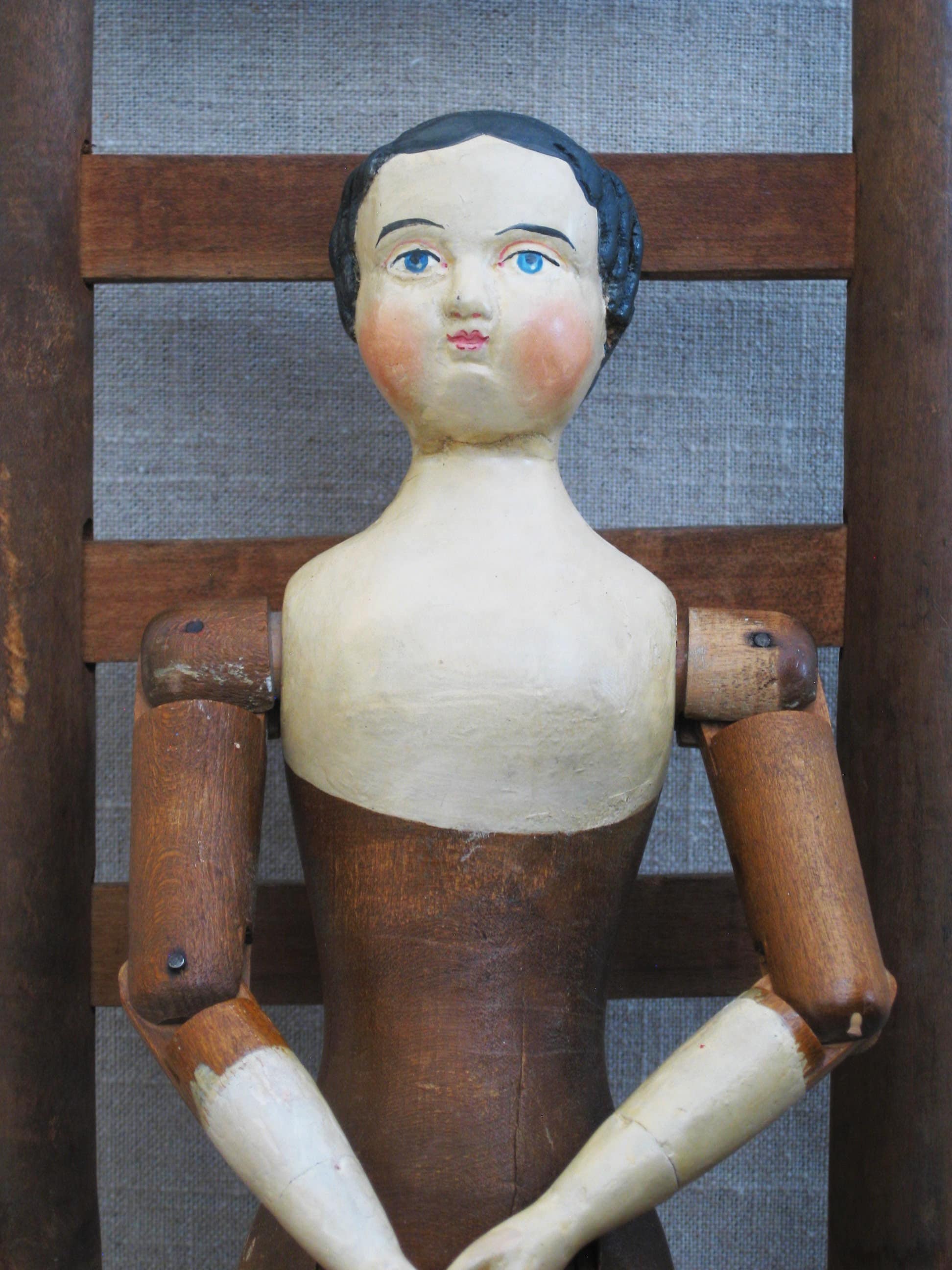 Vintage Wooden Jointed Doll, Antique Joel Ellis 19th Century Female Figure