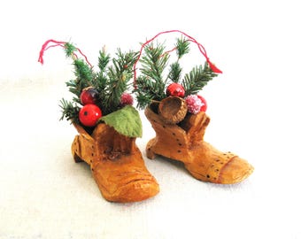 Rustic Boot Christmas Tree Ornament, Folk Art Miniature Holiday Shoe Sculpture, Primitive Rustic Home Décor