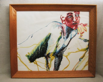 Contemporary Colorful Male Portrait Drawing, Framed Original Large Vintage Wall Art Oil Cray-Pas Home Décor