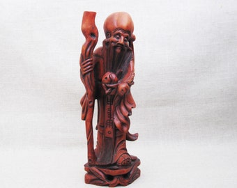 Vintage Chinese Immortal Sculpture Fukurokuju Hand Carved Wooden Figure Asian Mythology