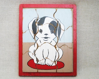 Folk Art Puppy Dog Jigsaw Puzzle, Primitive Wooden Vintage Toys Rustic Cabin and Nursery Décor