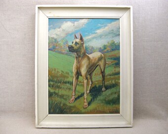 Mid-Century Great Dane Painting, Framed Original Dog Portrait Animal Lover Wall Art