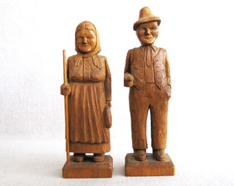 Folk Art Male Female Couple Figure Wood Carving Sculpture, Vintage Portrait Pair of Signed People