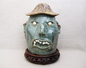 Outsider Folk Art Male Portrait Bust Sculpture by Ned Berry Pottery, Southern Ceramics Housewarming Gift