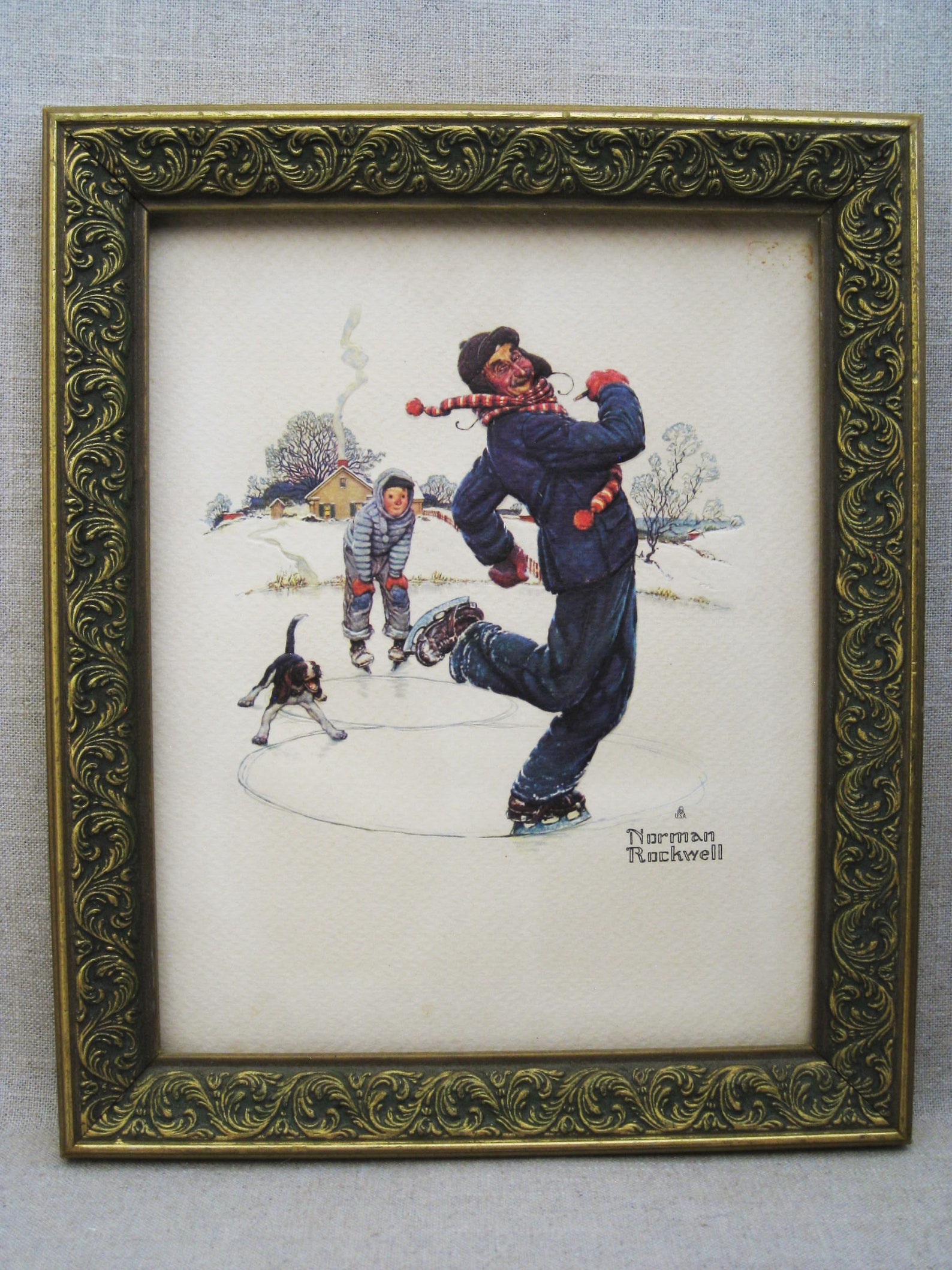 Vintage Norman Rockwell Print Ice Skating Framed Wall Decor Etsy