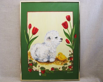 Baby Lamb Portrait Painting, Original Framed Baby Chick w Tulips and Berries Wall Art Nursery Home Décor Gift