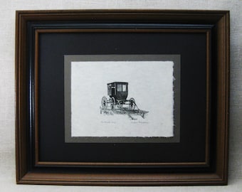 Vintage Etching of Amish Buggy Horse Carriage Signed Harlan Scheffler Framed Original Fine Art Farm and Cabin
