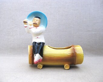 Mid-Century Ceramic Planter, Vintage Asian Style Flower Vase, Bamboo Retro Japan Figurines
